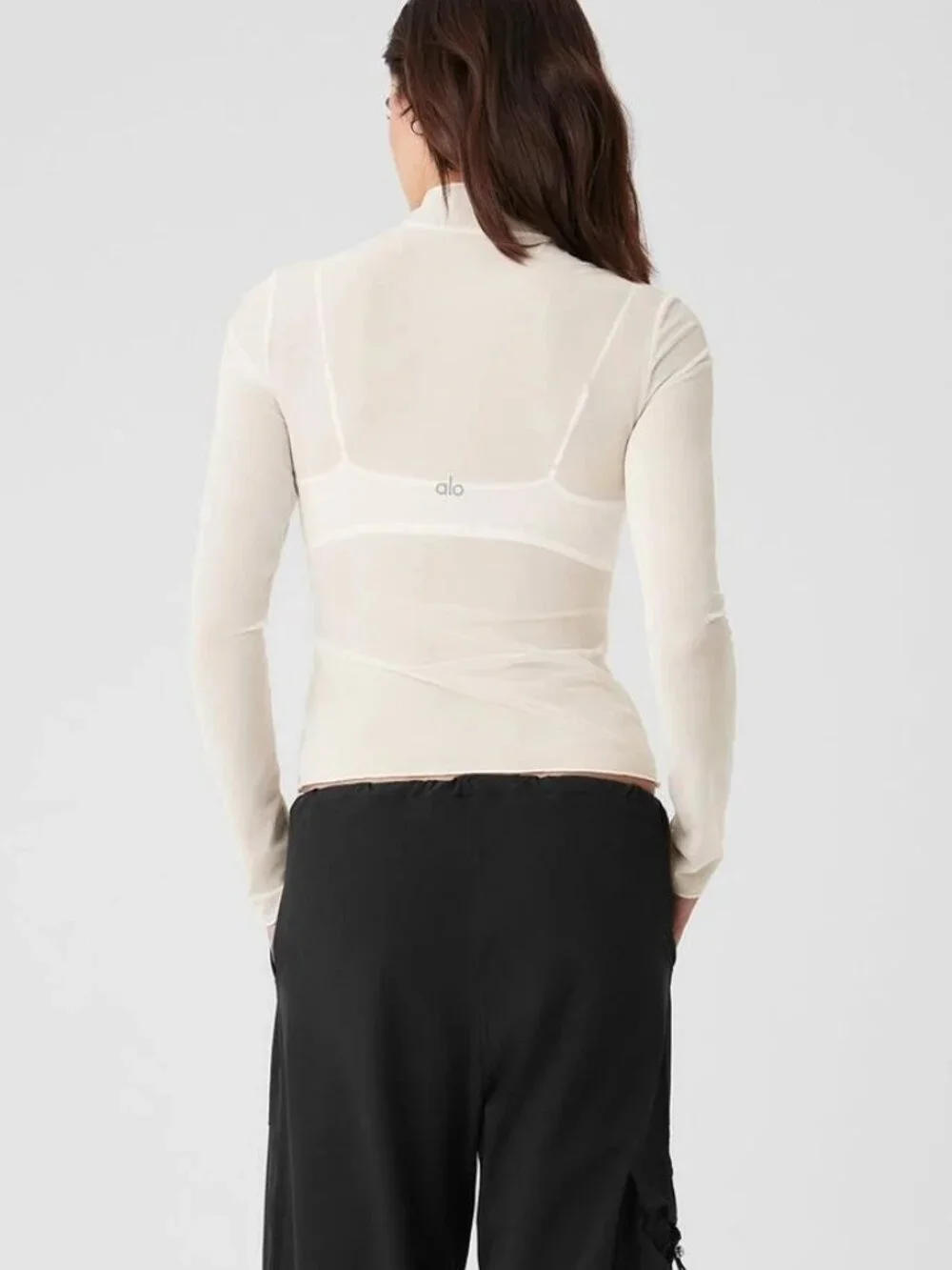 Alo Mesh Sheer Illusion Mock Neck Long Sleeve - Ivory - Size Medium